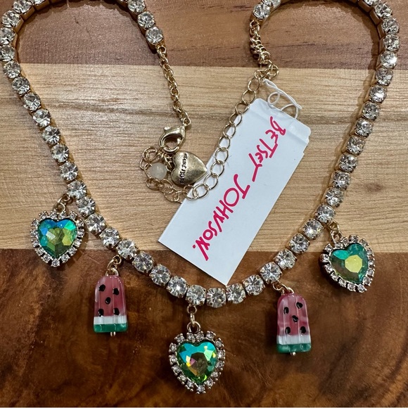 Betsey Johnson Gold Tone Watermelon Popsicle Ice Cream Rhinestone Heart Necklace - Picture 2 of 4